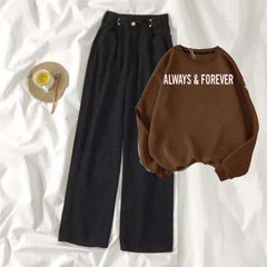 Brown Sweat Shirt Always & Forever with Black Wide Jeans
