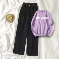 Lilac Sweat Shirt Always & Forever with Black Wide Jeans