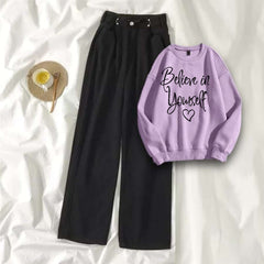 Lilac Sweat Shirt Believe in Yourself with Black Wide Jeans