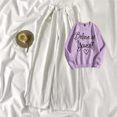 Lilac Sweat Shirt Believe in Yourself with White Wide Jeans