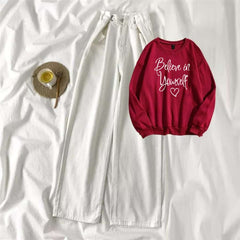 Red Sweat Shirt Believe in Yourself with White Wide Jeans