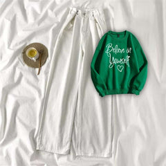 Green Sweat Shirt Believe in Yourself with White Wide Jeans