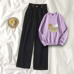 Lilac Sweat Shirt Free Bears with Black Wide Jeans