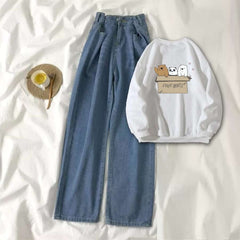 White Sweat Shirt Free Bears with Blue Wide Jeans