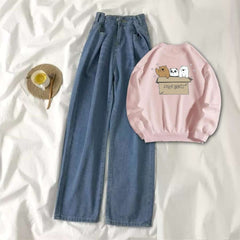 Pink Sweat Shirt Free Bears with Blue Wide Jeans