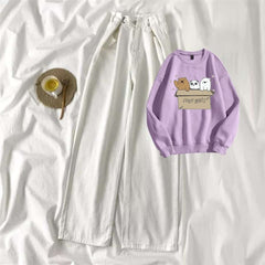 Lilac Sweat Shirt Free Bears with White Wide Jeans