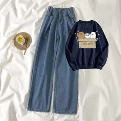 Navy Blue Sweat Shirt Free Bears with Blue Wide Jeans