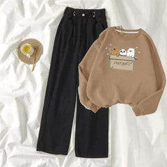 Beige Sweat Shirt Free Bears with Black Wide Jeans