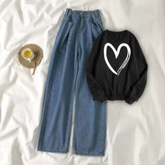 Black Sweat Shirt Shaded Heart with Blue Wide Jeans
