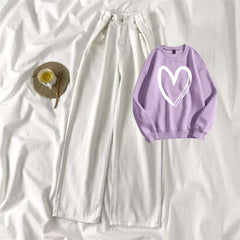 Lilac Sweat Shirt Shaded Heart with White Wide Jeans
