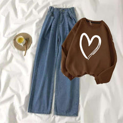 Brown Sweat Shirt Shaded Heart with Blue Wide Jeans