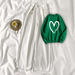 Green Sweat Shirt Shaded Heart with White Wide Jeans