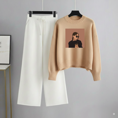 Beige Sweatshirt Coffee Girl with White Flapper Trouser
