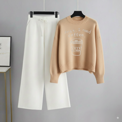 Beige Sweatshirt First i Need Coffee with White Flapper Trouser