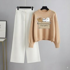 Beige Sweatshirt Free Bear with White Flapper Trouser