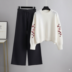 White Sweatshirt Flowers on Arms with Black Flapper Trouser