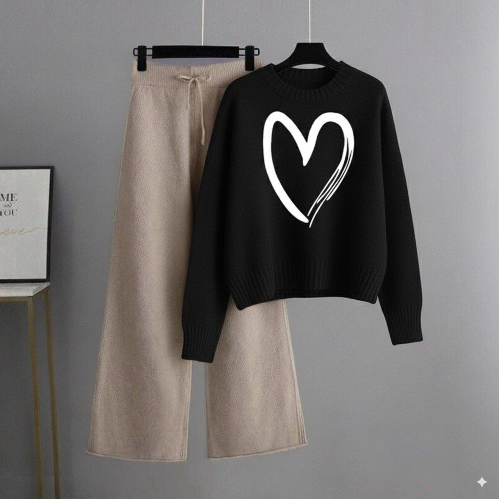 Black Sweatshirt Shaded Heart with Beige Flapper Trouser