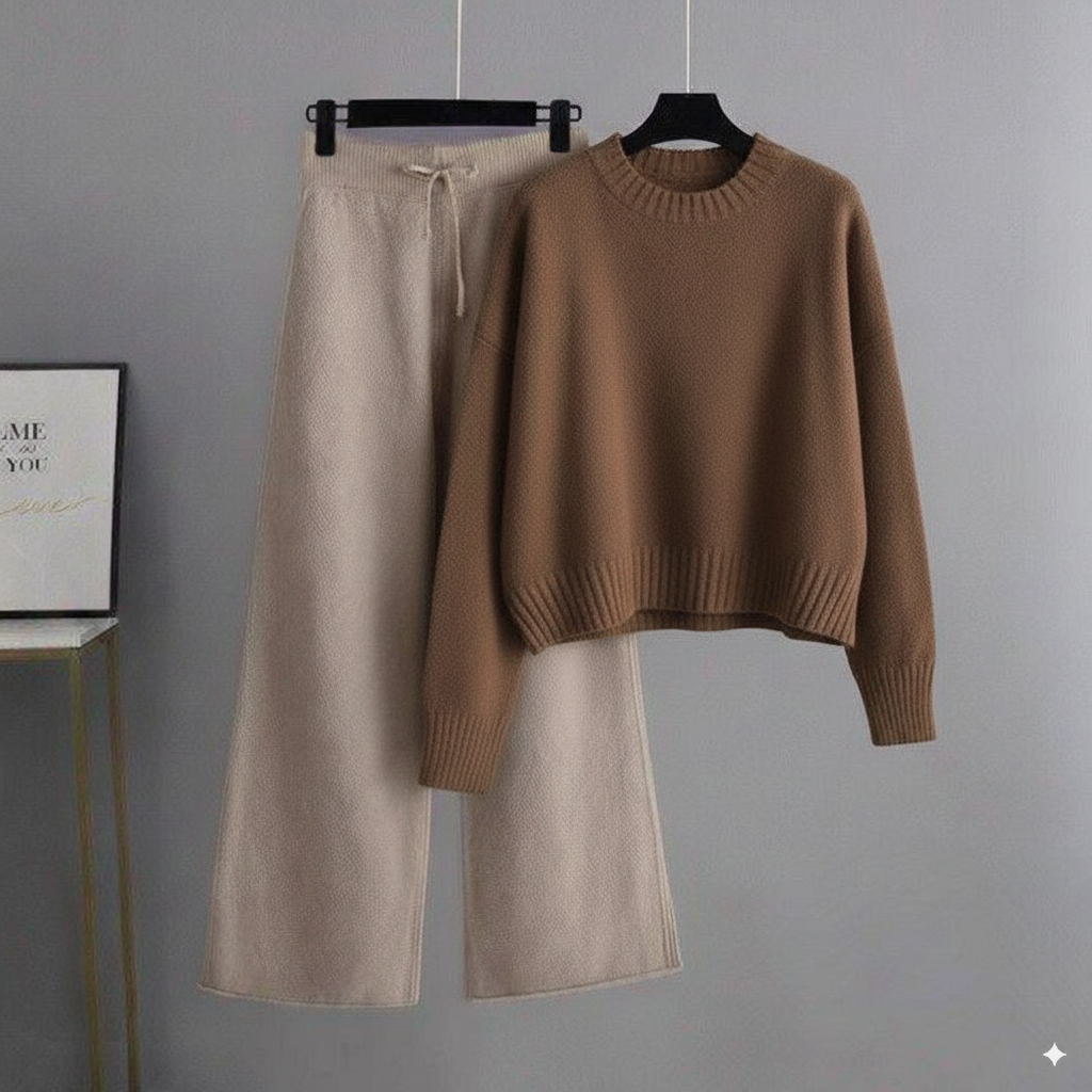 Brown Sweatshirt Plain with Beige Flapper Trouser