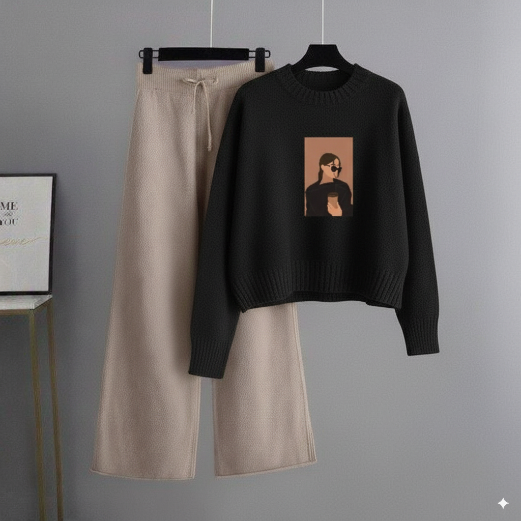 Black Sweatshirt Coffee Girl with Beige Flapper Trouser