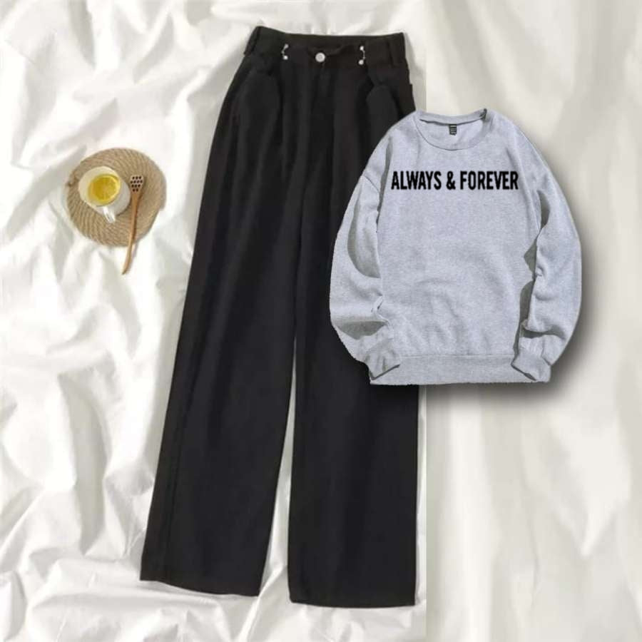 Grey Sweat Shirt Always & Forever with Black Wide Jeans