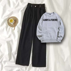 Grey Sweat Shirt Always & Forever with Black Wide Jeans