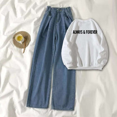 White Sweat Shirt Always & Forever with Blue Wide Jeans
