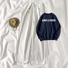 Navy Blue Sweat Shirt Always & Forever with White Wide Jeans