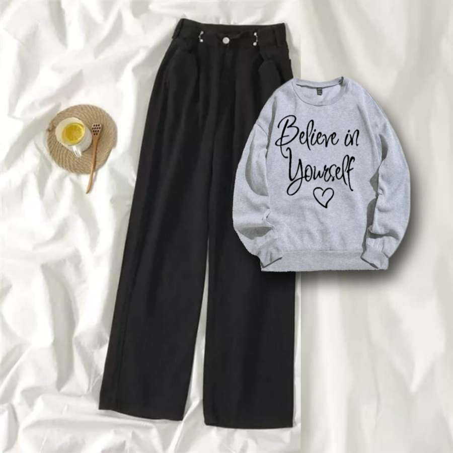 Grey Sweat Shirt Believe in Yourself with Black Wide Jeans