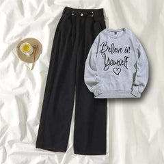 Grey Sweat Shirt Believe in Yourself with Black Wide Jeans
