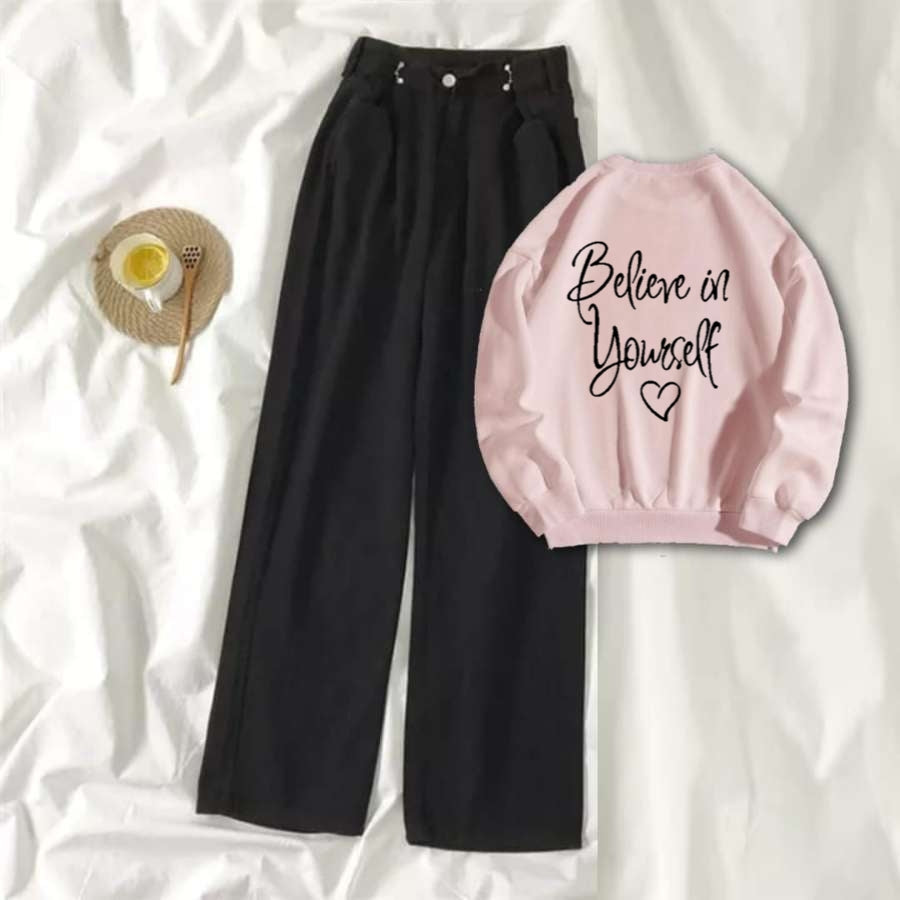 Pink Sweat Shirt Believe in Yourself with Black Wide Jeans