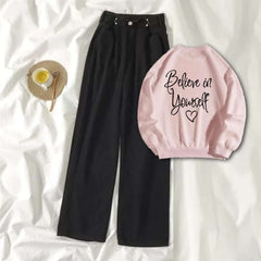 Pink Sweat Shirt Believe in Yourself with Black Wide Jeans