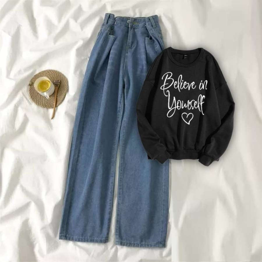 Black Sweat Shirt Believe in Yourself with Blue Wide Jeans