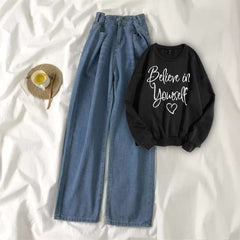 Black Sweat Shirt Believe in Yourself with Blue Wide Jeans