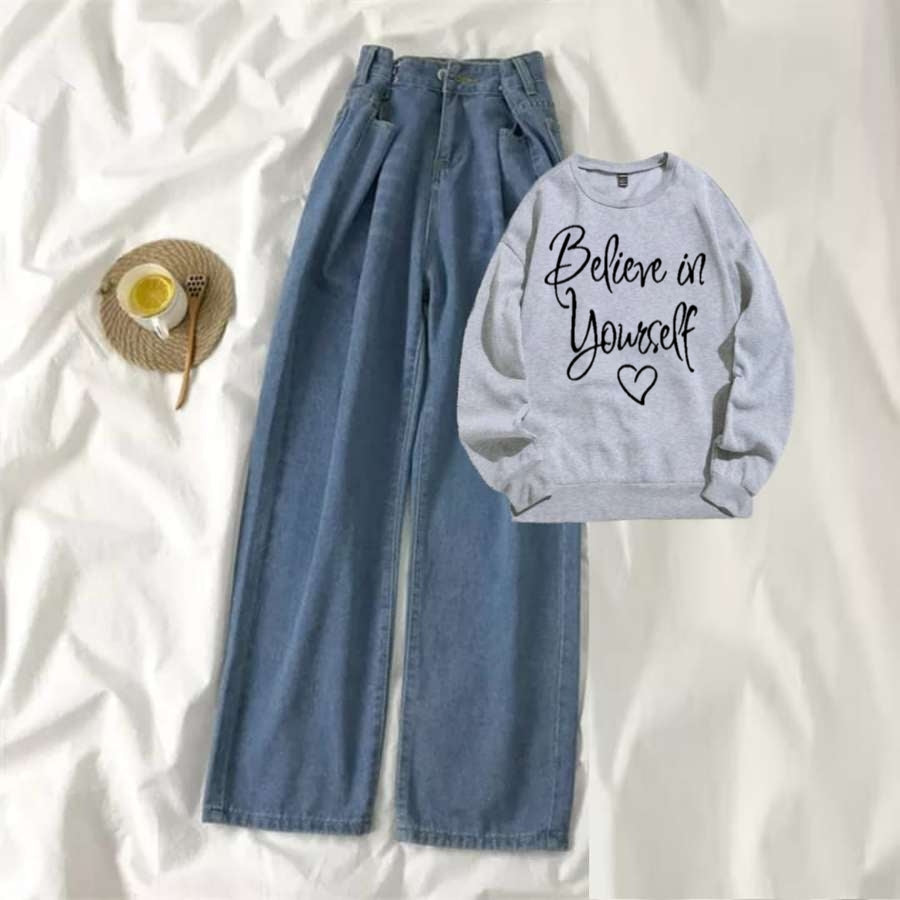 Grey Sweat Shirt Believe in Yourself with Blue Wide Jeans