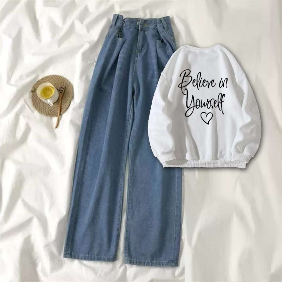 White Sweat Shirt Believe in Yourself with Blue Wide Jeans