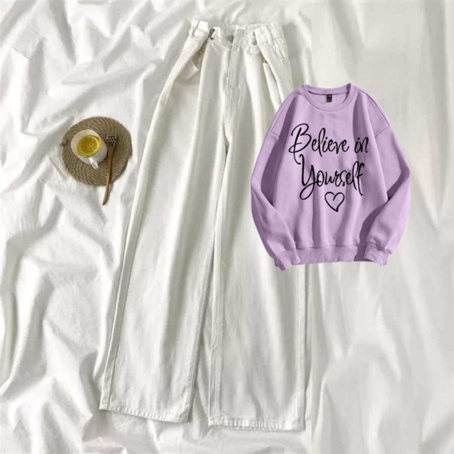Lilac Sweat Shirt Believe in Yourself with White Wide Jeans