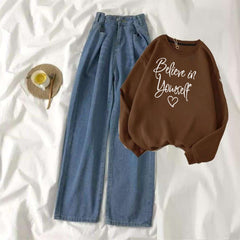 Brown Sweat Shirt Believe in Yourself with Blue Wide Jeans