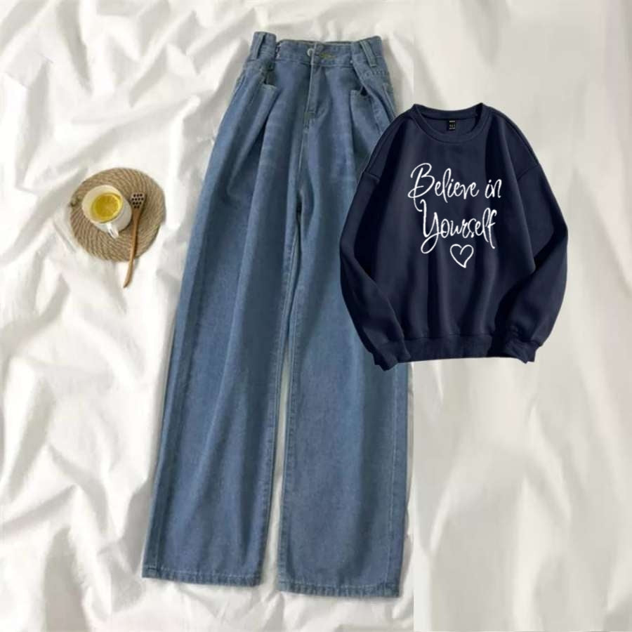 Navy Blue Sweat Shirt Believe in Yourself with Blue Wide Jeans