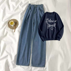 Navy Blue Sweat Shirt Believe in Yourself with Blue Wide Jeans