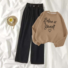 Beige Sweat Shirt Believe in Yourself with Black Wide Jeans