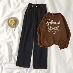Brown Sweat Shirt Believe in Yourself with Black Wide Jeans