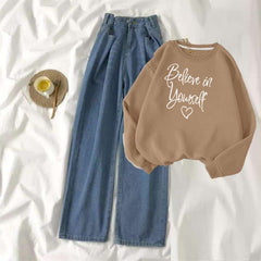 Beige Sweat Shirt Believe in Yourself with Blue Wide Jeans