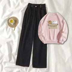 Pink Sweat Shirt Free Bears with Black Wide Jeans