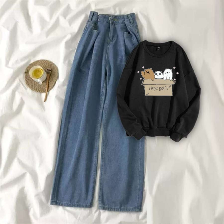 Black Sweat Shirt Free Bears with Black Wide Jeans