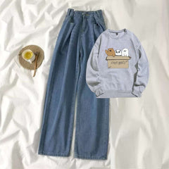 Grey Sweat Shirt Free Bears with Blue Wide Jeans