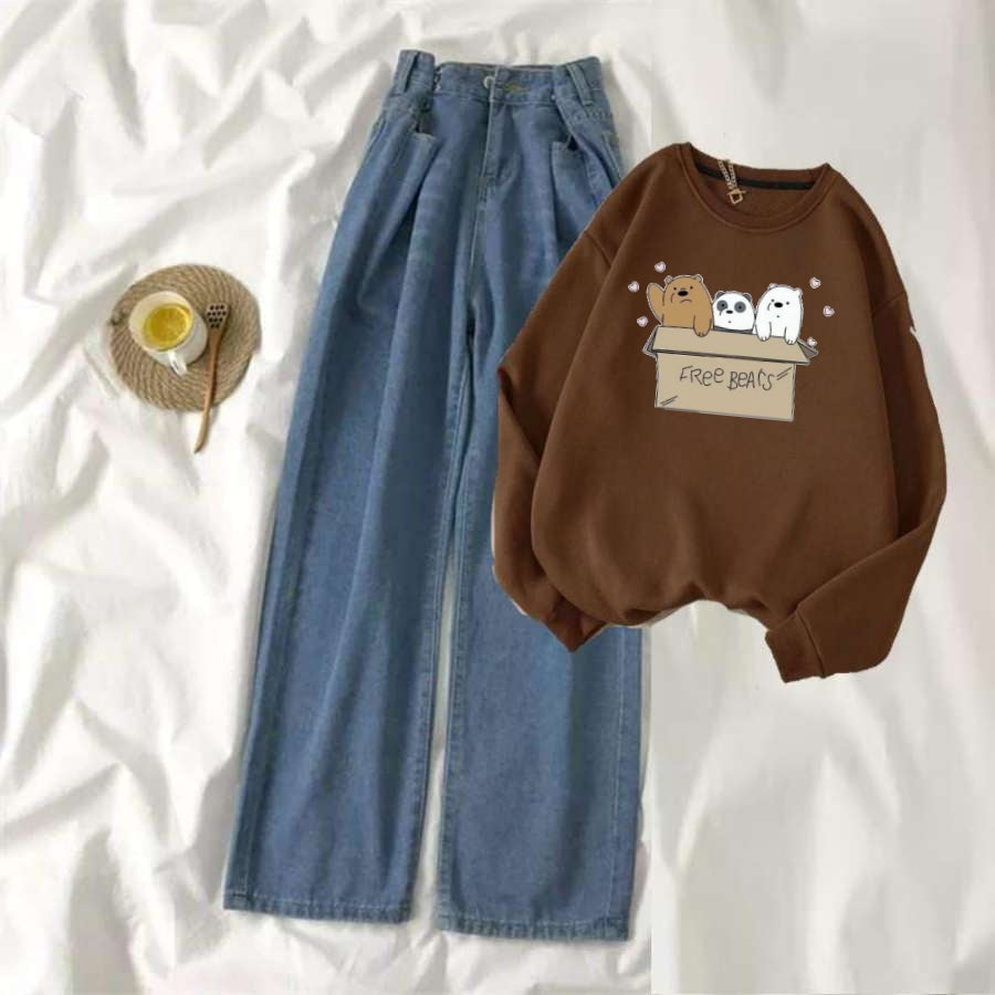 Brown Sweat Shirt Free Bears with Blue Wide Jeans