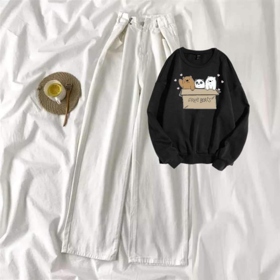 Black Sweat Shirt Free Bears with White Wide Jeans