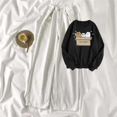 Black Sweat Shirt Free Bears with White Wide Jeans