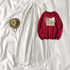 Red Sweat Shirt Free Bears with White Wide Jeans