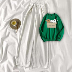 Green Sweat Shirt Free Bears with White Wide Jeans